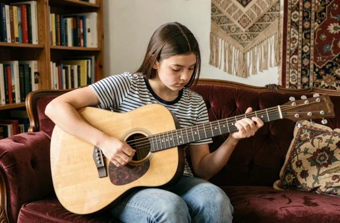 Adolescente jouant de la guitare acoustique sur un canapé en velours dans un salon chaleureux