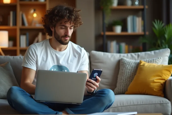 Jeune homme déverrouillant un Samsung bloqué via réinitialisation avec un ordinateur portable sur une table basse