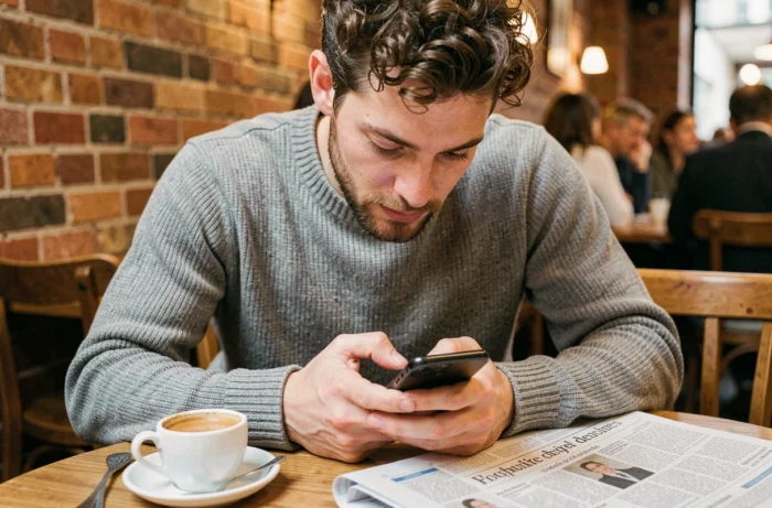 Jeune homme consultant une application de trading boursier sur son smartphone dans un café