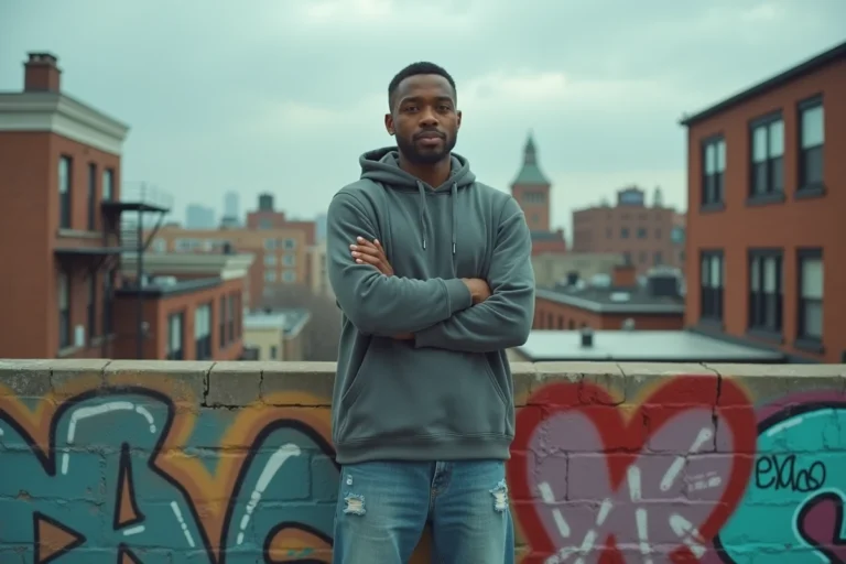 Jeune homme en tenue hip-hop devant un mur tagué dans le Bronx, incarnant les origines du rap américain