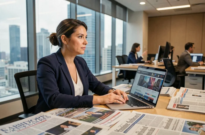 Journaliste parcourant les rubriques d'un portail d'actualités internationales dans une salle de rédaction moderne