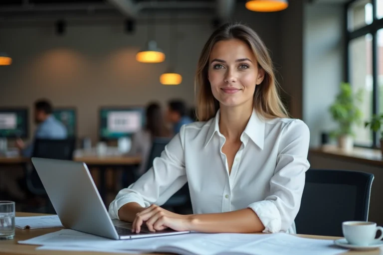 Journaliste femme concentrée dans une salle de rédaction moderne suivant l'actualité en continu sur son ordinateur portable