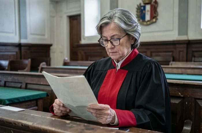 Juge civile en robe officielle lisant un dossier juridique dans une salle d'audience française, évoquant l'application de l'article 1382 du code civil