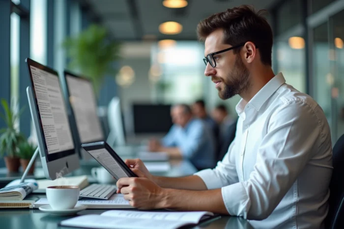 Juriste consultant l'actualité juridique française sur tablette dans une salle de rédaction moderne