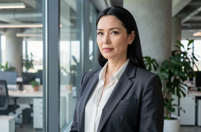 Femme professionnelle aux lèvres fines en bureau moderne illustrant la signification psychologique de la forme des lèvres