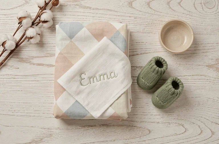 Ensemble de linge de bébé tendance : couverture swaddle en coton bio à motifs géométriques pastels, bavoir personnalisé brodé et chaussons tricotés verts sur une surface en bois blanc