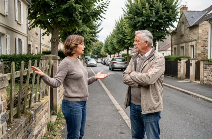 Deux voisins discutant d'un litige de responsabilité civile devant une clôture endommagée dans un quartier résidentiel français, en lien avec l'article 1382 du code civil