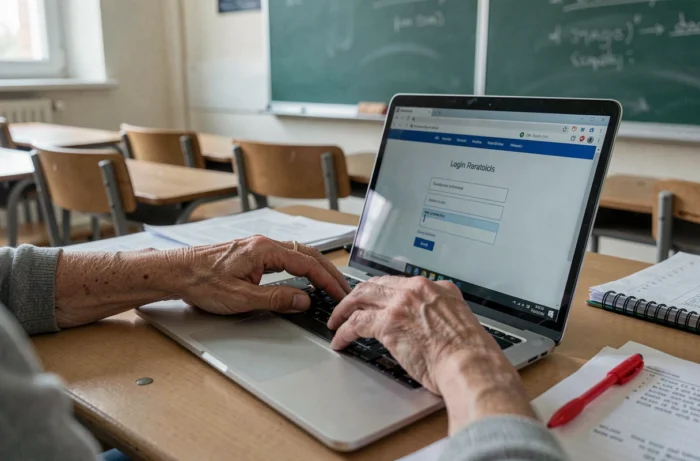 Gros plan sur les mains d'un enseignant tapant ses identifiants sur le webmail de l'académie de Nantes