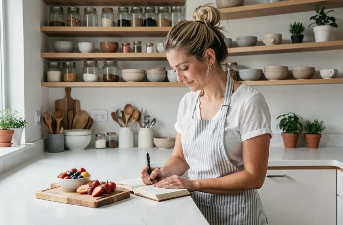 Maman blogueuse écrivant dans un journal dans une cuisine familiale avec des ingrédients frais et des herbes aromatiques