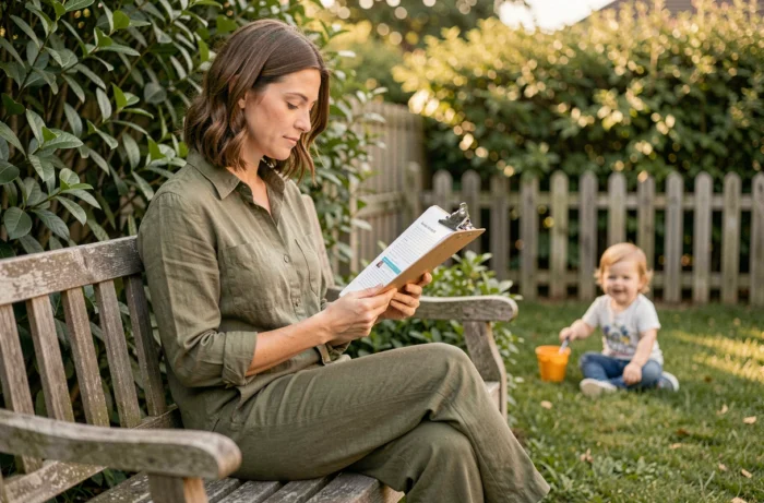 Maman blogueuse lisant ses articles dans un jardin ensoleillé pendant que son enfant joue en arrière-plan