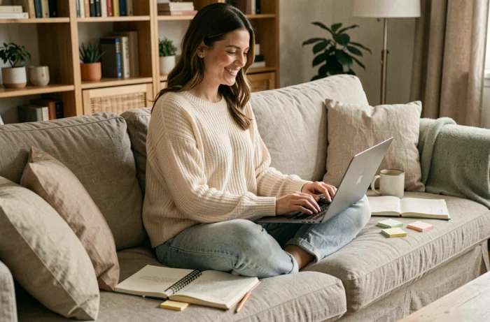 Maman blogueuse souriante tapant sur son ordinateur portable entourée de carnets et de plantes dans un salon cosy