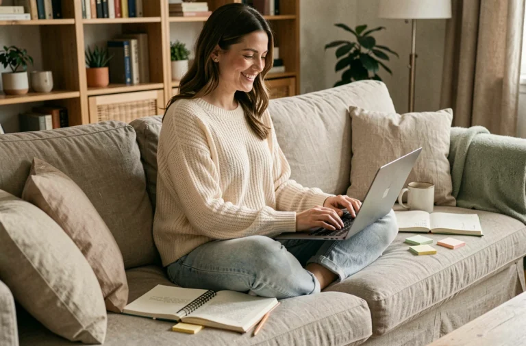Maman blogueuse souriante tapant sur son ordinateur portable entourée de carnets et de plantes dans un salon cosy