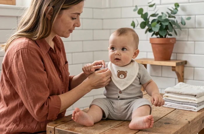 Mère habillant son bébé de 6 mois dans une barboteuse rayée grise sur une table à langer en bois dans une salle de bain familiale chaleureuse