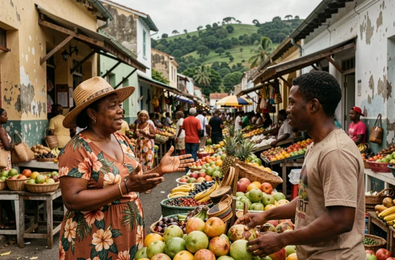 Femme jamaïcaine en conversation animée dans un marché de rue à Kingston, illustrant la richesse culturelle et linguistique de la Jamaïque