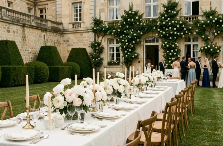 Réception de mariage élégante dans un château en Île-de-France avec table de banquet fleurie et façade en pierre historique