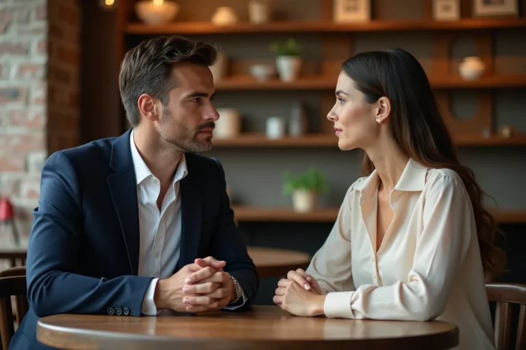 Un homme et une femme élégamment vêtus assis en silence dans un café, symbolisant la distance émotionnelle dans un couple