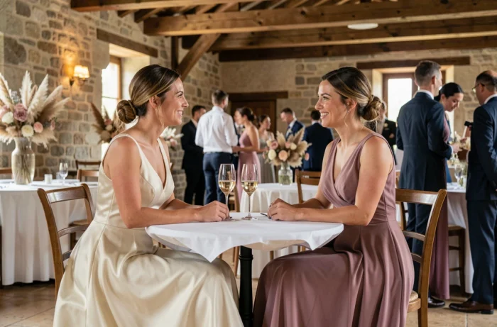 Mariée et demoiselle d'honneur partageant un moment complice à une table de réception dans un château rustique