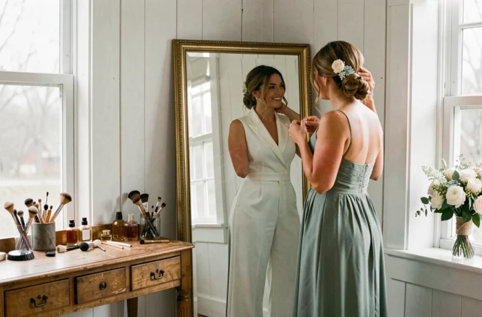 Mariée en combinaison blanche aidant sa demoiselle d'honneur devant un miroir dans une suite nuptiale élégante