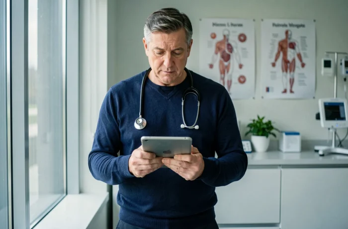 Médecin consultant une tablette numérique dans un cabinet moderne, symbolisant les avancées médicales et les conseils santé professionnels