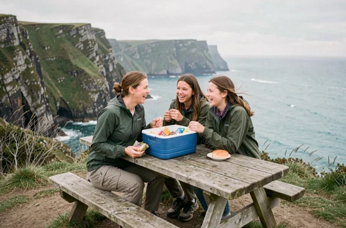 Mère et filles en randonnée côtière partageant un repas face à la mer