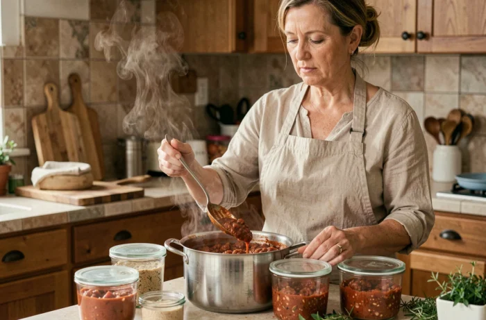 Femme versant une sauce bolognaise maison dans des boîtes de conservation en verre dans une cuisine rustique