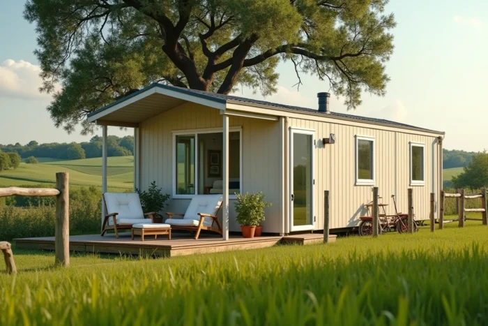 Mobil home installé sur terrain agricole entouré de champs verts et d'une clôture en bois rustique en milieu rural