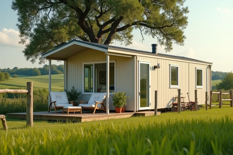 Mobil home installé sur terrain agricole entouré de champs verts et d'une clôture en bois rustique en milieu rural