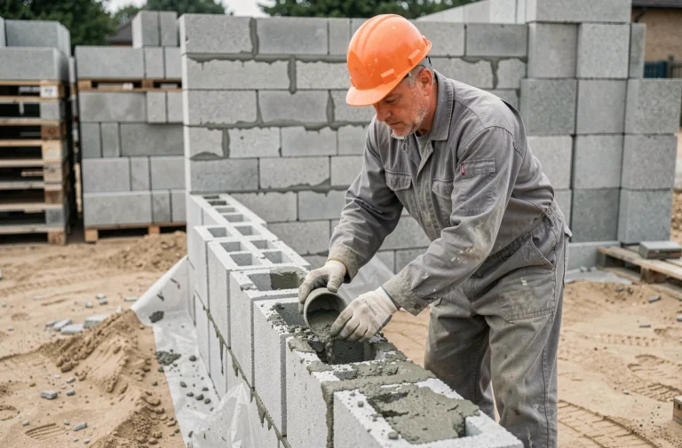 Ouvrier versant du béton dans des parpaings banchs lors du montage d'un mur sur un chantier résidentiel