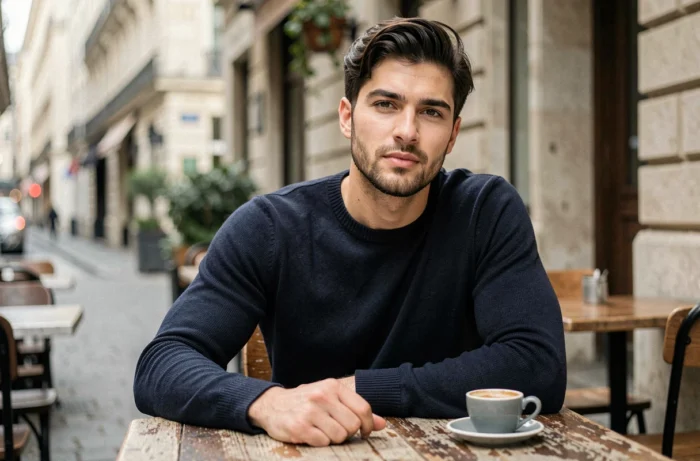 Homme au café avec des lèvres bien dessinées symbolisant l'analyse de la personnalité selon la morphologie des lèvres