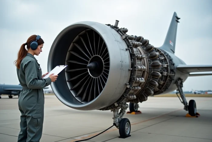 Ingénieure examinant un moteur militaire à postcombustion lors d'un salon aéronautique