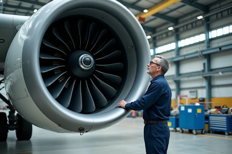 Technicien inspectant un moteur turbofan civil dans un hangar de maintenance aéronautique