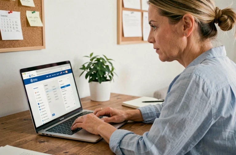 Femme naviguant sur la carte du site d'une communauté de communes sur son ordinateur portable dans un bureau à domicile
