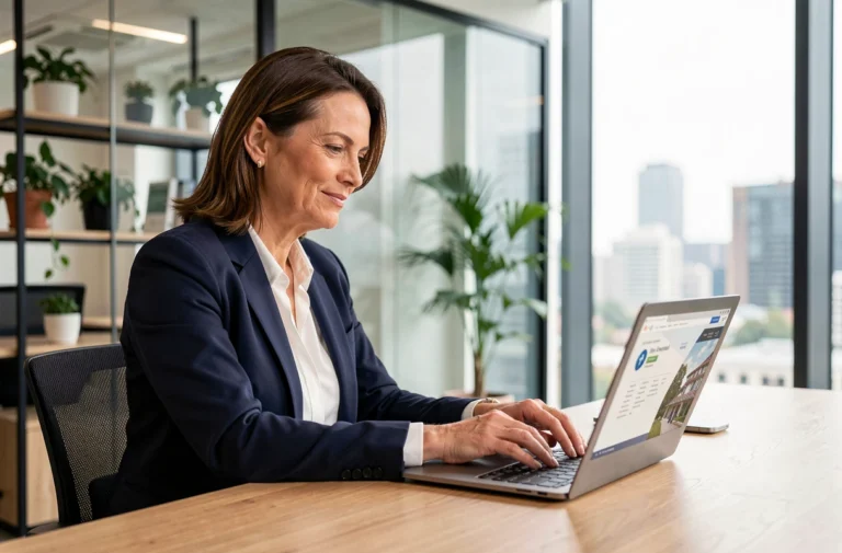 Femme professionnelle naviguant sur le plan du site d'une agence immobilière depuis son bureau moderne