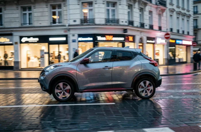 Nissan Juke 2026 hybride en mouvement sur un boulevard urbain mouillé au crépuscule, vue de profil dynamique