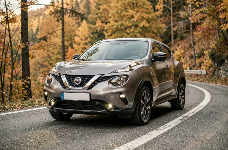 Nissan Juke 2026 hybride garé sur une route de montagne avec feuillage automnal, vue trois quarts avant