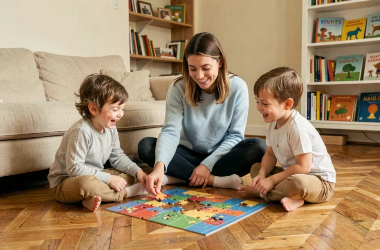 Nounou professionnelle jouant avec deux jeunes enfants sur le parquet d'un appartement à Besançon