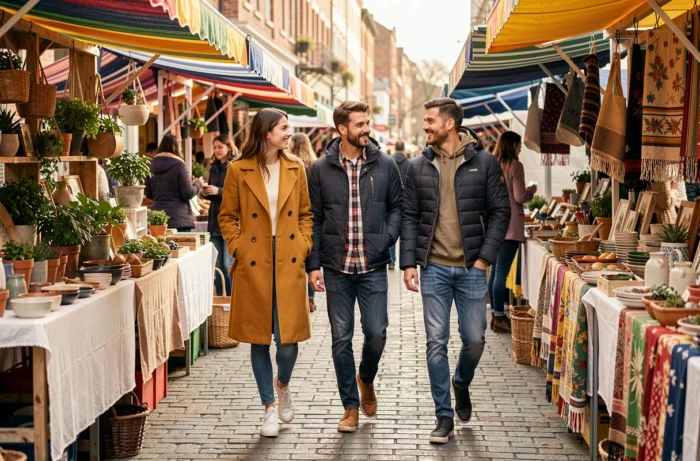 Groupe d'amis explorant un marché urbain tendance avec de nouvelles collections et créations artisanales de saison