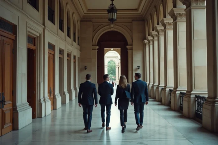 Couloir de palais de justice français avec des professionnels du droit en discussion