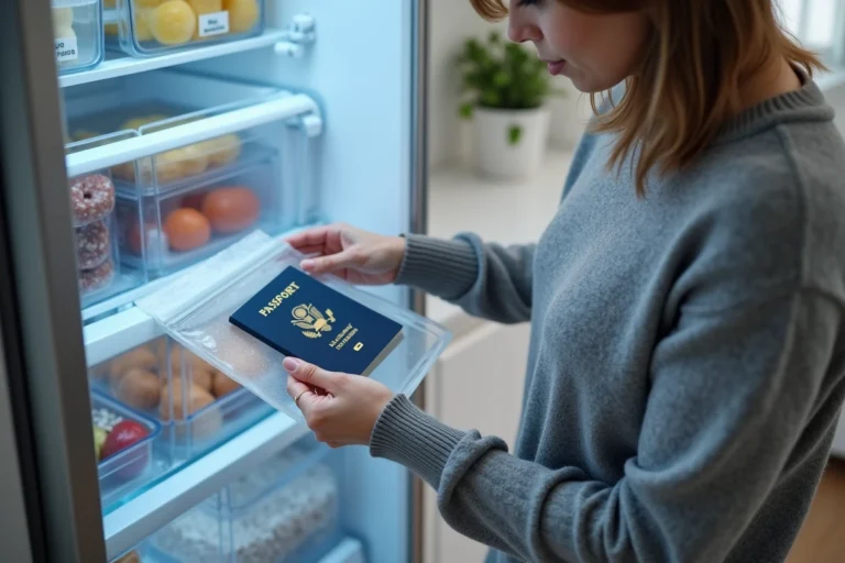 Femme plaçant son passeport dans un sac plastique avant de le mettre au congélateur pour le protéger