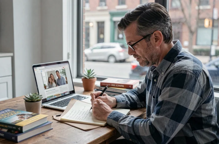 Père de famille prenant des notes sur des ressources inspirantes pour accompagner sa vie familiale