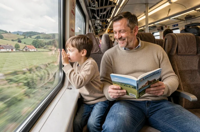 Père et fils regardant le paysage depuis la fenêtre d'un train pendant un voyage en famille
