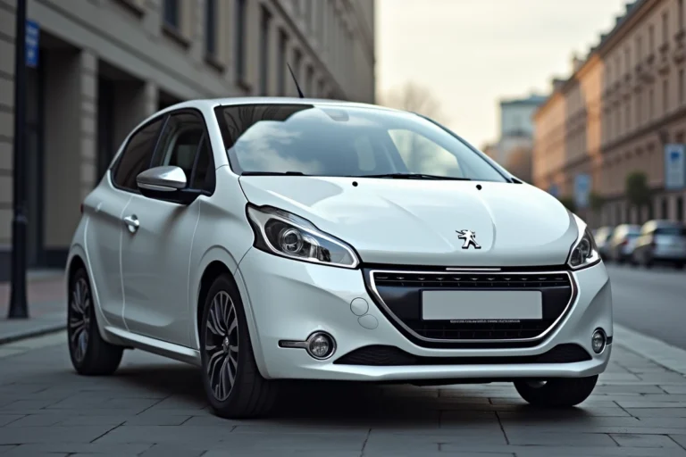 Peugeot 208 blanche garée en ville, vue trois-quarts avant pour comparer les motorisations disponibles