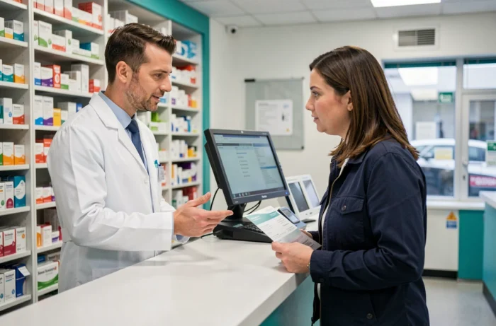 Pharmacien conseillant une cliente sur les garanties de sa mutuelle santé