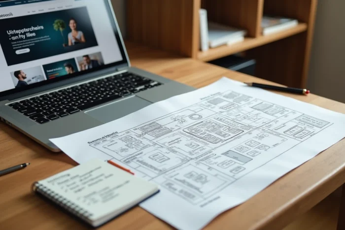 Vue de dessus d'un bureau en bois avec un schéma de carte de site dessiné à la main, un ordinateur portable affichant un site de sécurité et des annotations, représentant la planification de la navigation web