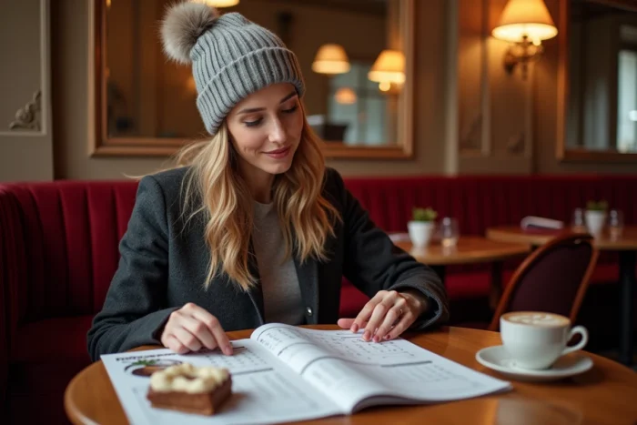 Mère planifiant les vacances scolaires en Autriche dans un café viennois traditionnel avec un calendrier scolaire