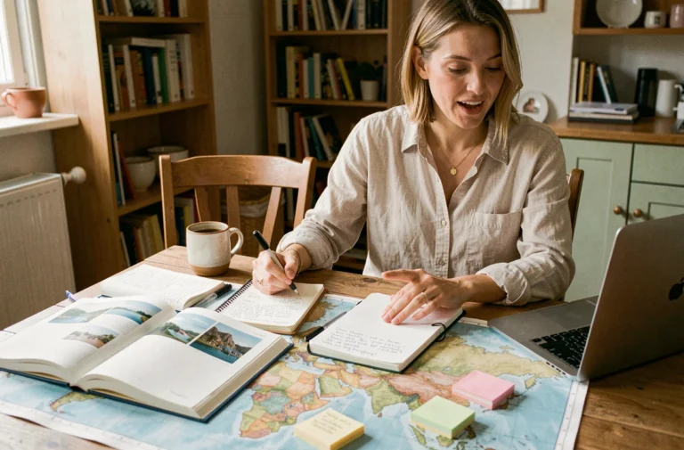 Femme planifiant un voyage à la maison avec une carte du monde, un carnet de notes et un ordinateur portable sur une table en bois