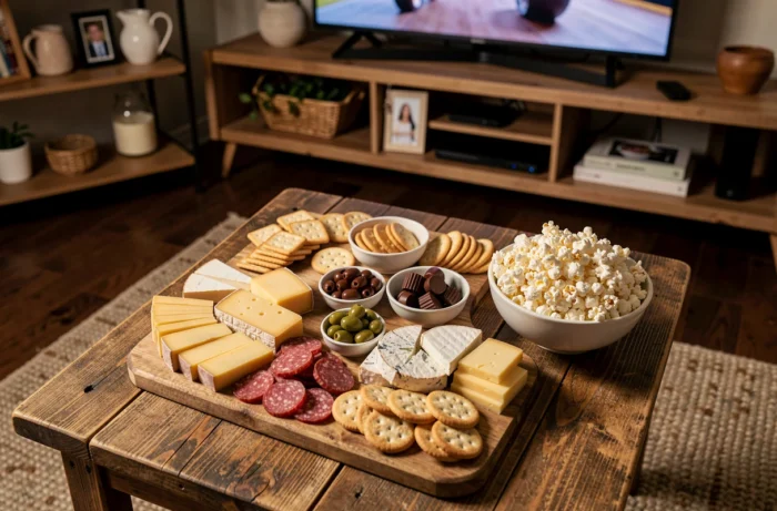 Plateau de snacks et apéritifs soigneusement disposés sur une table basse pour une soirée cinéma à domicile