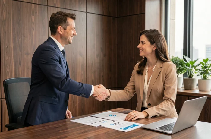 Deux professionnels B2B se serrant la main lors de la signature d'un partenariat commercial dans un bureau élégant