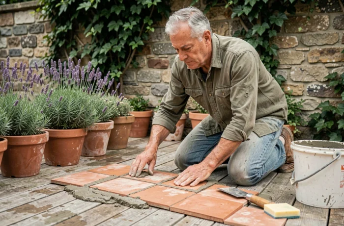 Homme posant des carreaux en mosaïque sur une terrasse extérieure en bois lors d'un projet de bricolage jardin