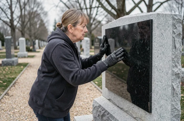 Femme posant et pressant une plaque funéraire en granit noir sur un monument en cimetière avec de la colle à pierre